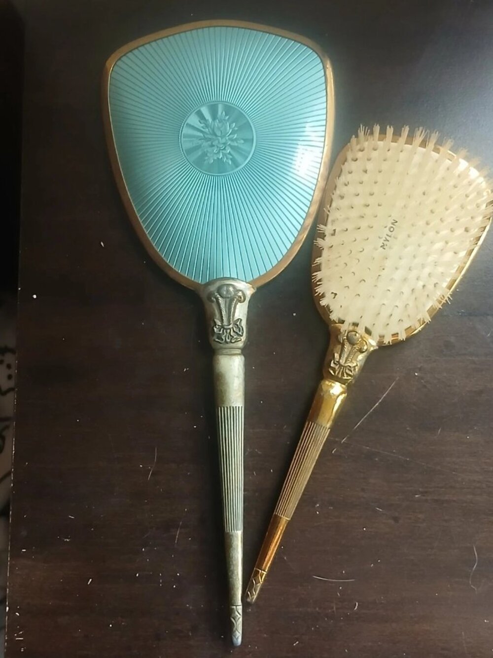 Vintage Light Blue Guilloche Enamel and Gold Vanity Hand Mirror & Brush Set